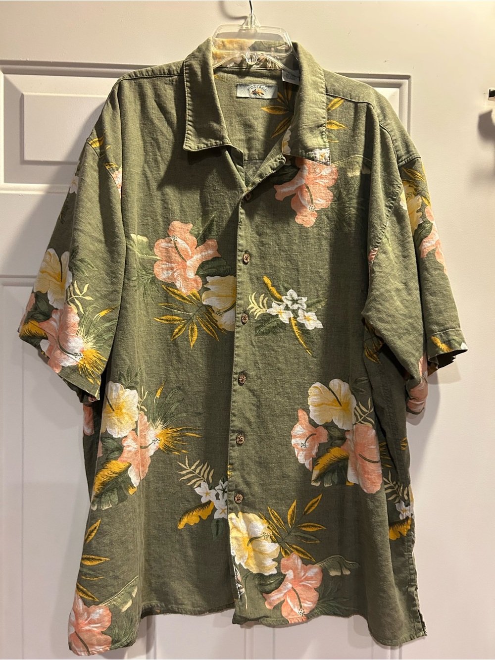 Men's Olive Green Floral Hawaiian Camp Collar Button-Down Shirt Size XXL